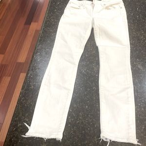 R13 white skinny jeans with ripped ankle detail, size 27